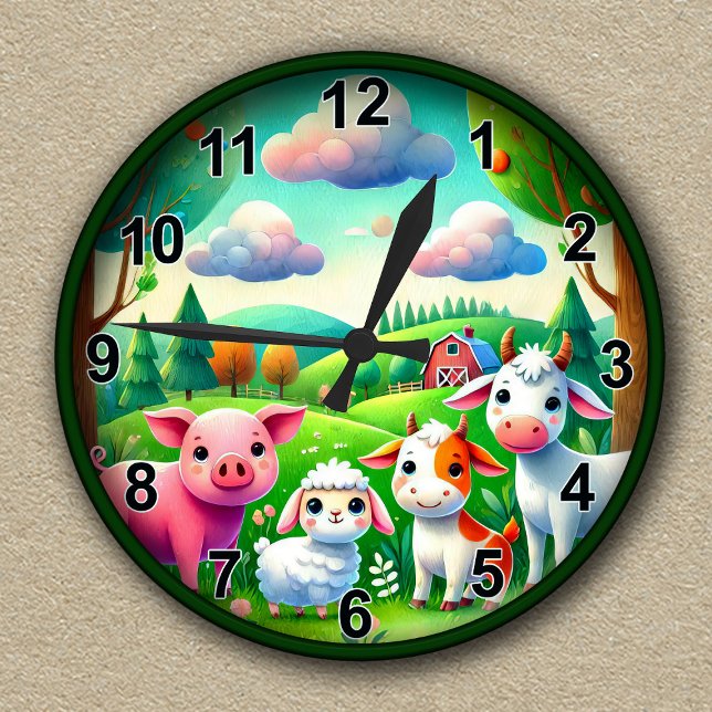 Customisable Cute Farmyard Animals  Round Clock (Creator Uploaded)
