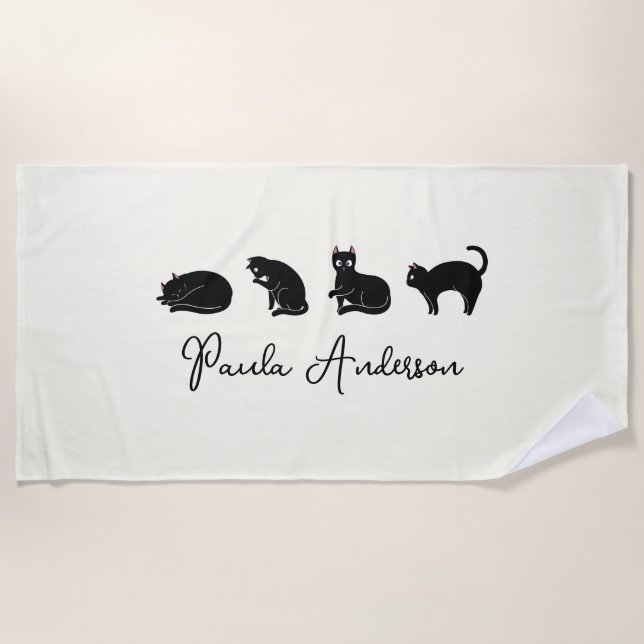 Customisable Cute Funny Black Cat Beach Towel (Front)