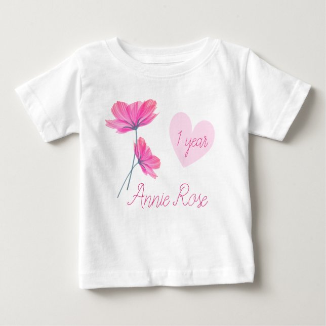 Customisable Cute & Girly Flowers 1 Year Birthday Baby T-Shirt (Front)