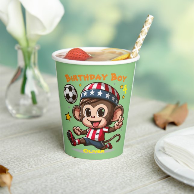 Customisable Cute Happy Monkey Soccer Player Paper Cups (Insitu)
