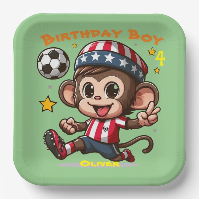 Customisable Cute Happy Monkey Soccer Player Paper Plate (Front)
