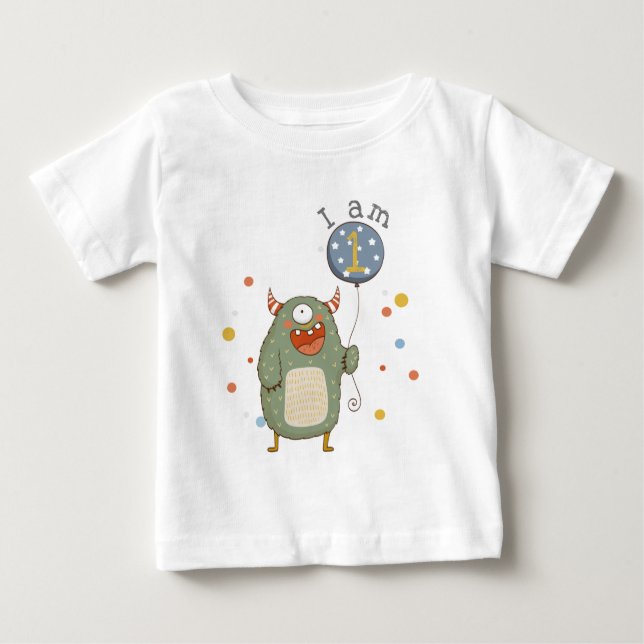 Customisable Cute Monster with Balloon Birthday Baby T-Shirt (Front)