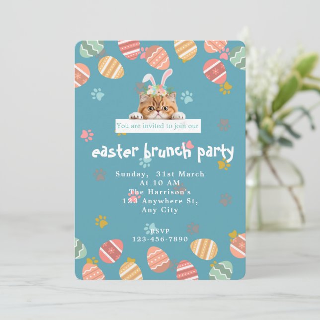Customisable Cute Orange Cat Bunny Easter Invitation (Standing Front)
