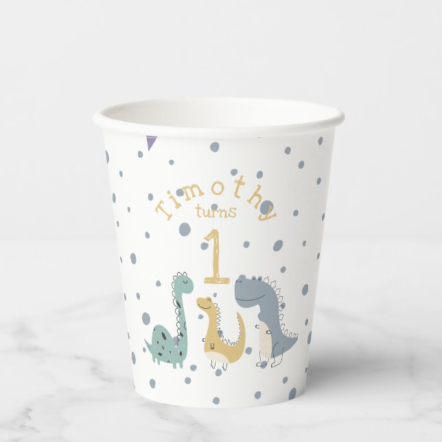 Customisable Cute Pastel Dinosaurs Birthday Paper Cups (Front)