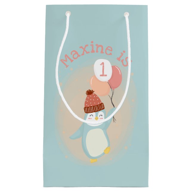 Customisable Cute Pastel Penguin with Balloons Small Gift Bag (Front)