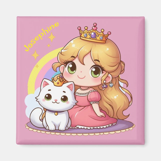 Customisable Cute princess with White Cat Magnet (Front)