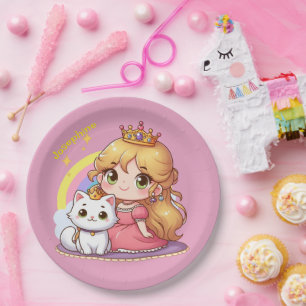 Customisable Cute princess with White Cat Paper Plate