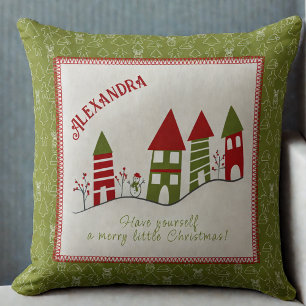 Customisable Cute red&green village  at Christmas  Cushion