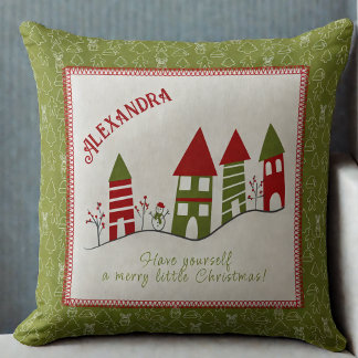 Customisable Cute red&green village at Christmas Cushion