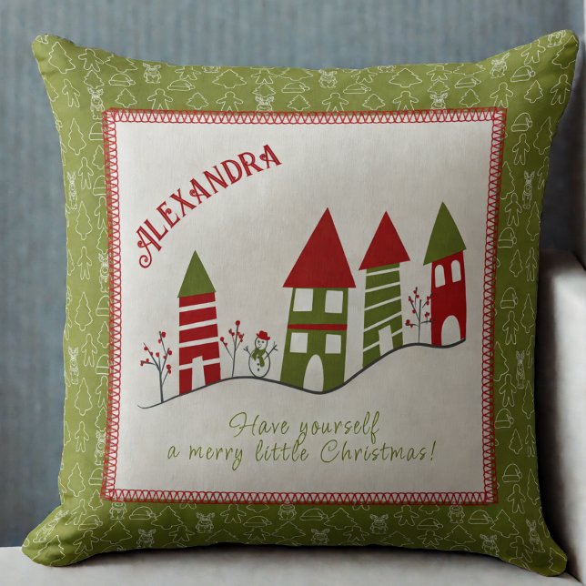 Customisable Cute red&green village  at Christmas  Cushion (Creator Uploaded)