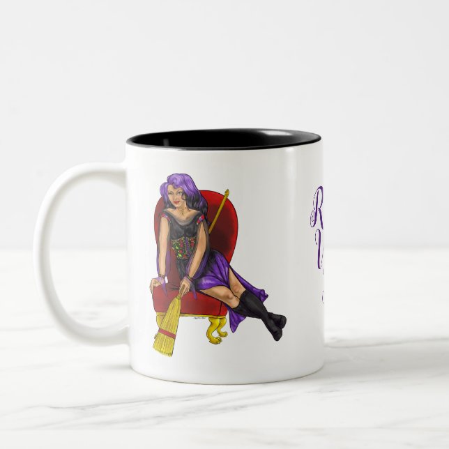 Customisable Cute Witch, purple, black, red & gold Two-Tone Coffee Mug (Left)