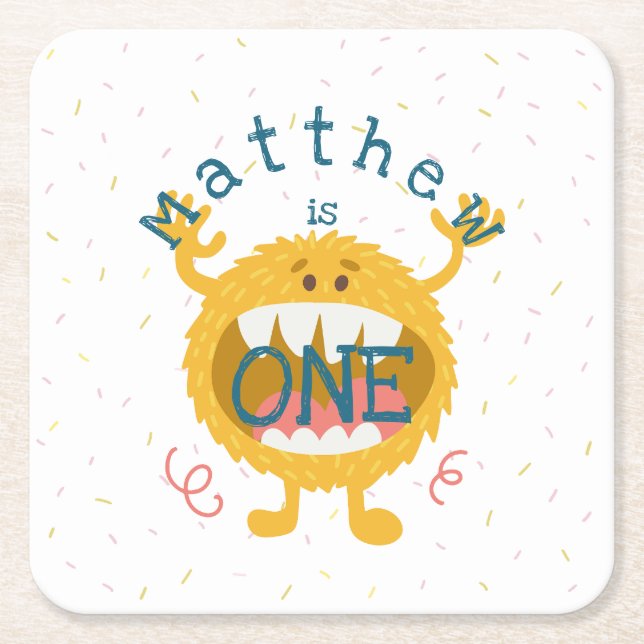 Customisable Cute Yellow Monster Square Paper Coaster (Front)