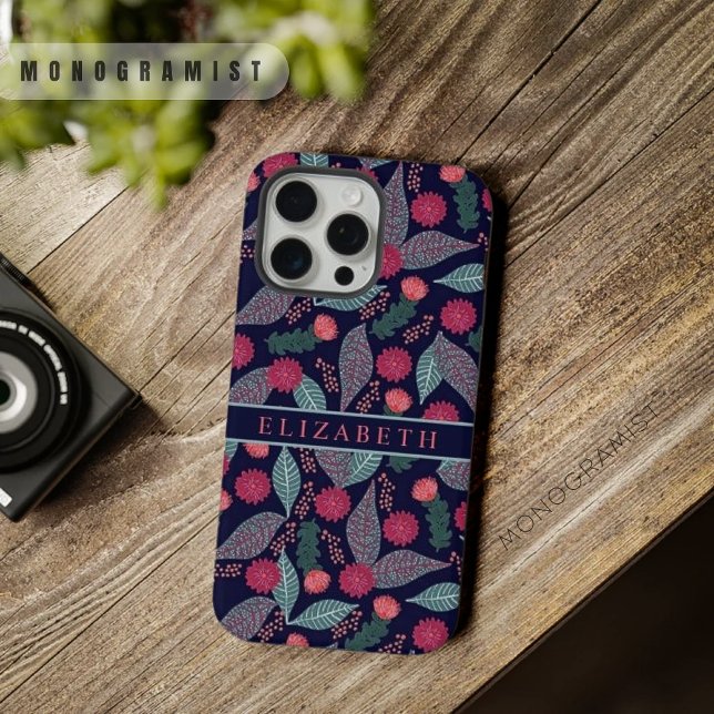 Customisable Dark Blue Green Floral Pink Flowers iPhone Case (Customizable Dark Blue Green Floral Pink Flowers iPhone Case)
