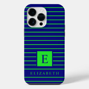 Customisable Dark Blue Neon Lime Green Stripes iPhone 14 Pro Max Case