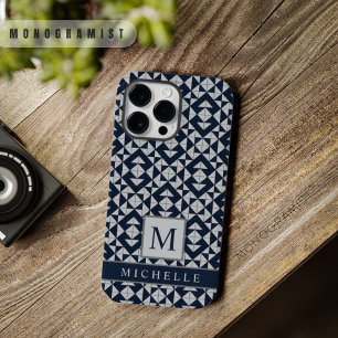 Customisable Dark Navy Blue Light Grey Geometric iPhone 14 Pro Max Case