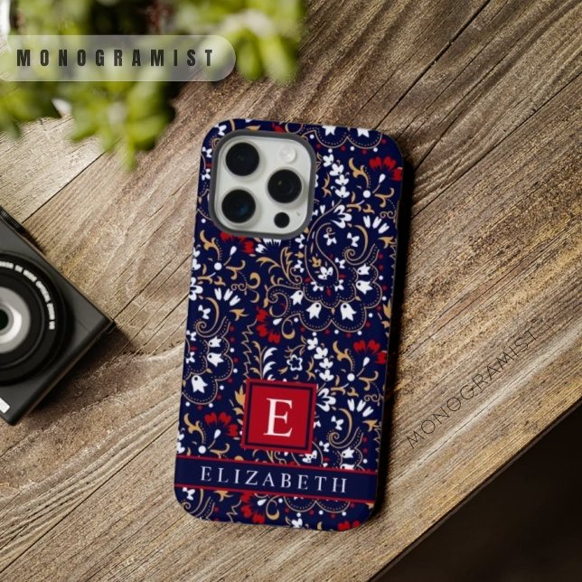 Customisable Dark Navy Blue Red White Paisley iPhone Case (Customizable Dark Navy Blue Red White Paisley iPhone Case)