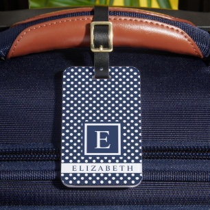 Customisable Dark Navy Blue White Polka Dot  Luggage Tag