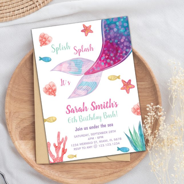 Customisable Dark Pink Mermaid Tail Birthday Invitation (Dark Pink Mermaid Tail Birthday Invitation)