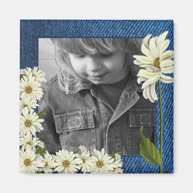 Customisable Denim and Daisies Photo Magnet (Front)