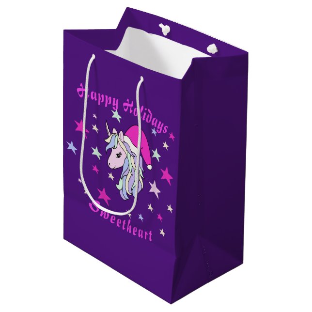 Customisable design of cute unicorn with Santa hat Medium Gift Bag (Front Angled)