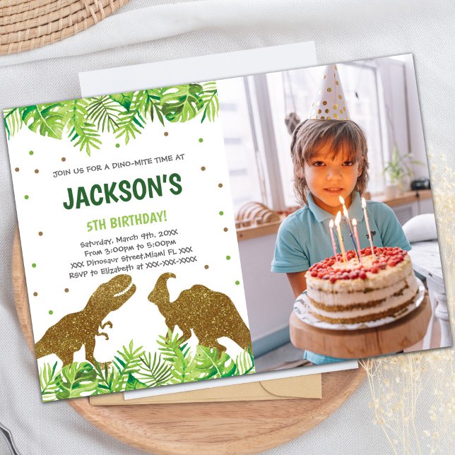 Customisable Dinosaur Party Invitations for Kids (Photo Green Dinosaur Birthday Invitations)