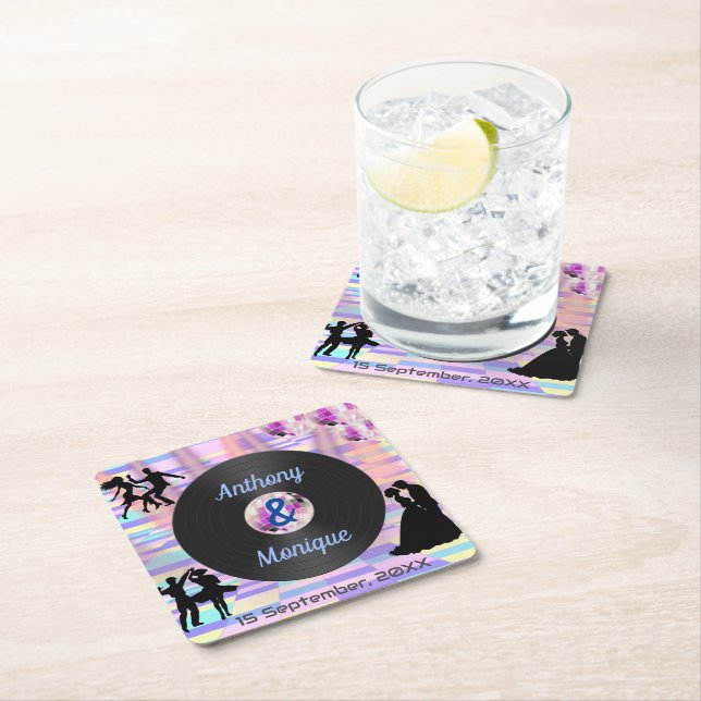 Customisable Disco Wedding Square Paper Coaster (Insitu)