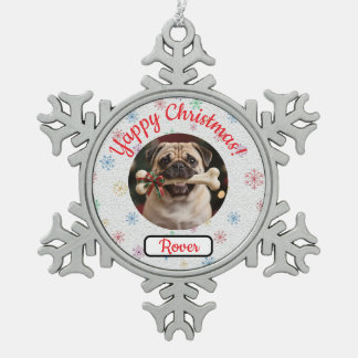 Customisable Dog And Bone Pet Lover's Christmas Snowflake Pewter Christmas Ornament