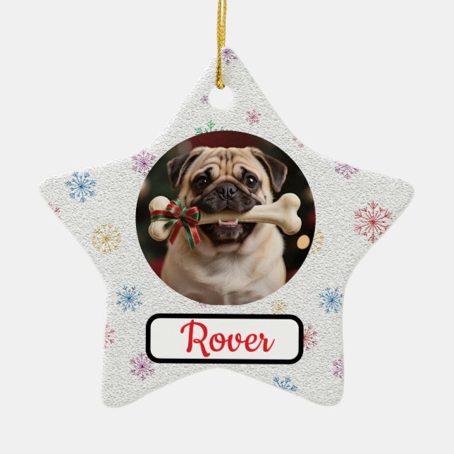Customisable Dog And Bone Pet Star Christmas Ceramic Tree Decoration (Front)