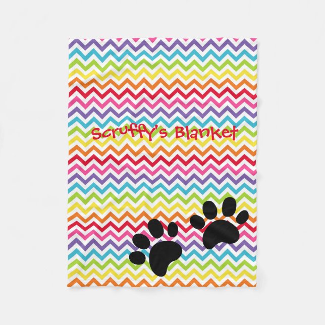 Customisable Dog Name Rainbow Chevron Paw Print Fleece Blanket (Front)