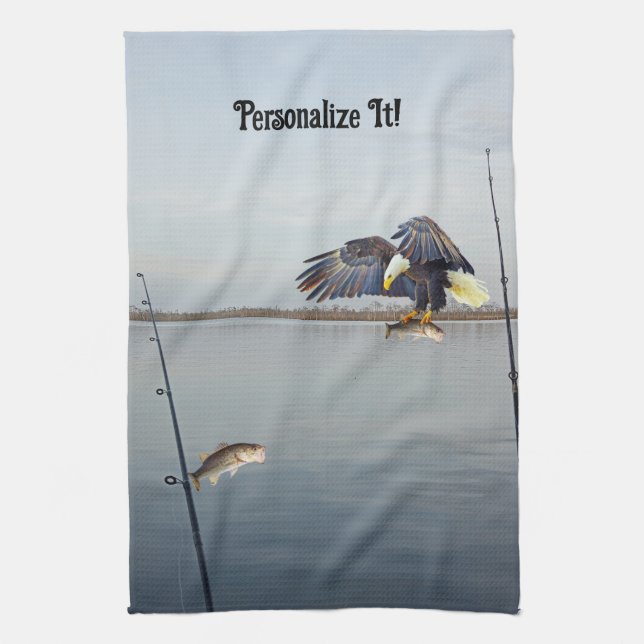 Customisable Eagle Stealing Bass Fishing Tea Towel (Vertical)