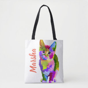 Customisable Editable Name Contemporary Artsy Cat Tote Bag