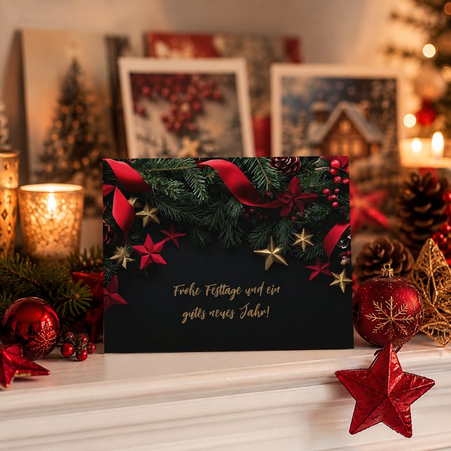 Customisable Elegant Christmas Card with Wreath (Elegant German Christmas postcard with festive red, gold and evergreen holiday design.)