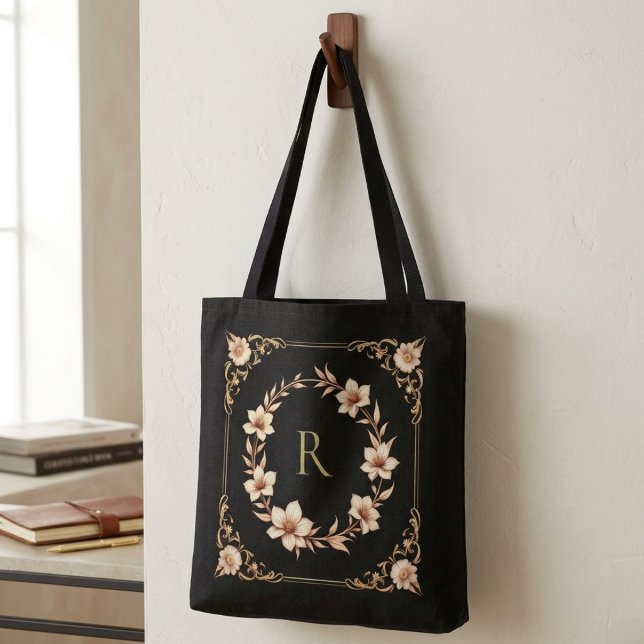 Customisable Elegant Gold Floral & Leaf Monogram Tote Bag (Creator Uploaded)