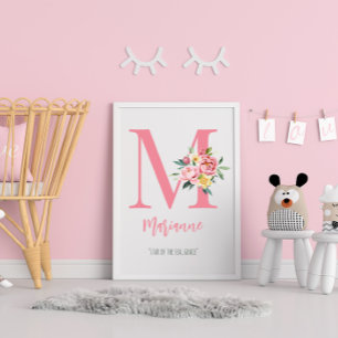 Customisable Elegant Pink Floral Monogram Initial Poster