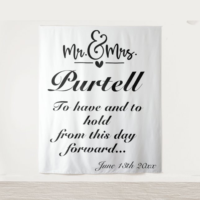 Customisable Elegant Script Wedding Vow Backdrop Tapestry (Front)