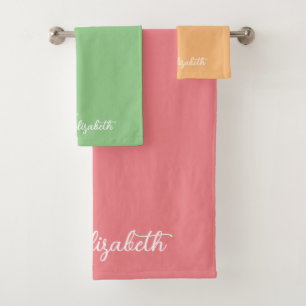 Customisable Elegant Trendy Colours Script Name Bath Towel Set
