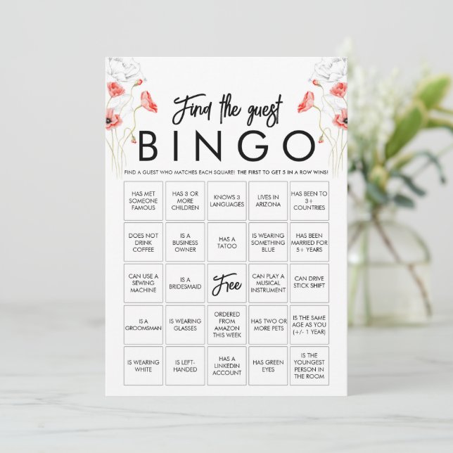 Customisable Elegant Wildflower Bingo Game Card (Standing Front)