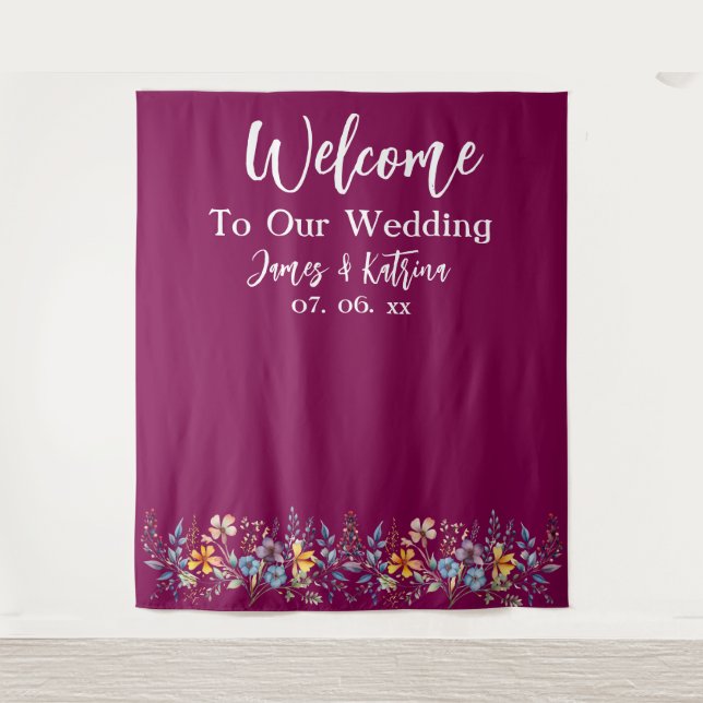  Customisable Elegant Wine Wedding Backdrop Tapestry (Front)