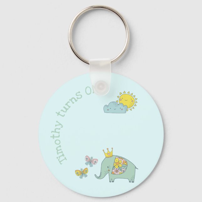 Customisable Elephant and Butterflies Birthday Key Ring (Front)