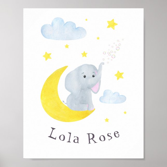 Customisable Elephant Moon Stars Nursery Wall Art (Front)