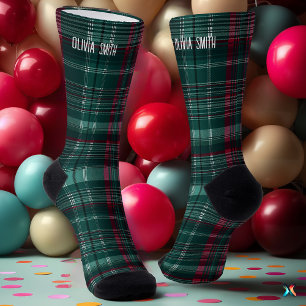 Customisable Emerald Green and Burgundy Tartan  Socks
