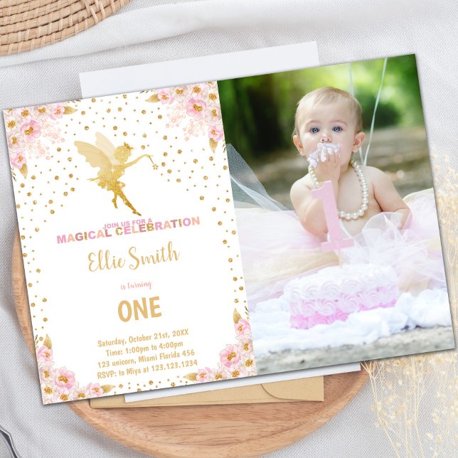 Customisable Fairy Party Invitations for Kids (Floral Glitter Fairy Birthday Invitations w Photo)