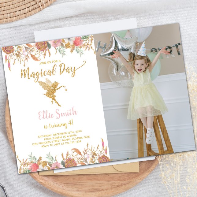 Customisable Fairy Party Invitations for Kids (Glitter Floral Fairy Birthday Invitations w photo)