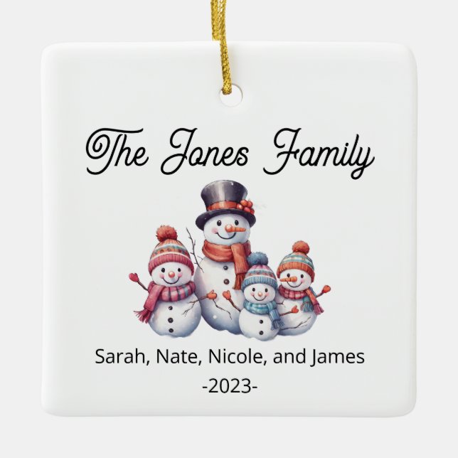 Customisable Family of 4 Snowman Holiday Ceramic Ornament (Front)