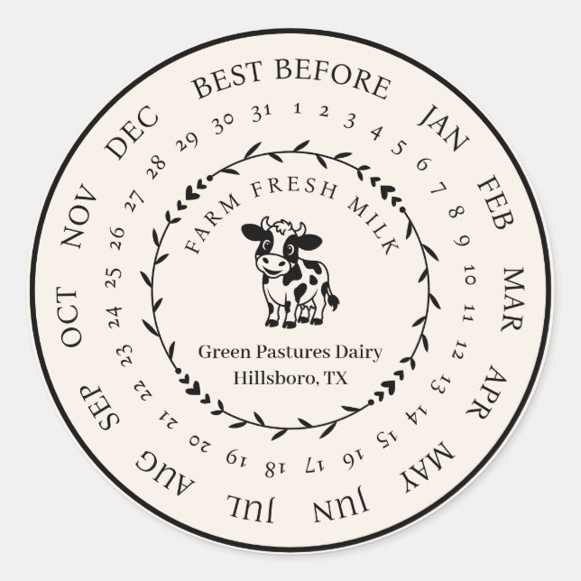 Customisable Farm Fresh Milk Best Before Date Classic Round Sticker (Front)