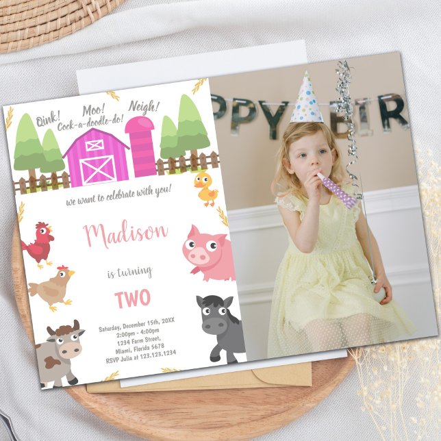 Customisable Farm Party Invitations for Kids (Pink Farm Animals Invitations with photo)