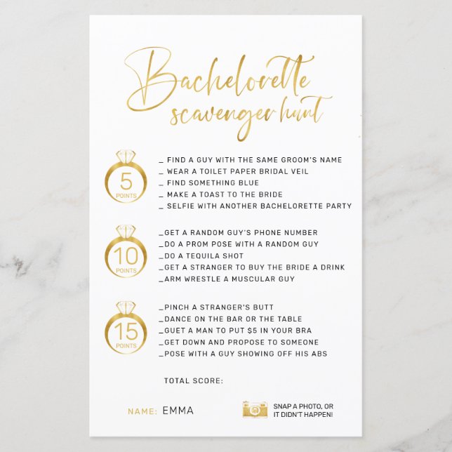 Customisable Faux Gold Bachelorette Scavenger (Front)