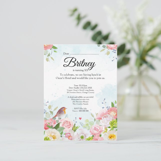 Customisable Female Birthday Invitation – Editable Postcard (Standing Front)