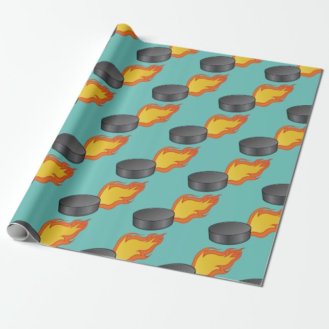 Customisable Flaming Hockey Puck Wrapping Paper (Unrolled)