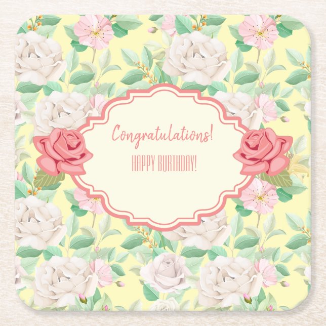 Customisable Floral Event Square Paper Coaster (Front)